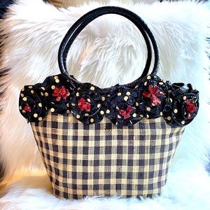 Rare Timmy Woods L.A. Designer Checked  Floral Bag Tote Satchel Black White
